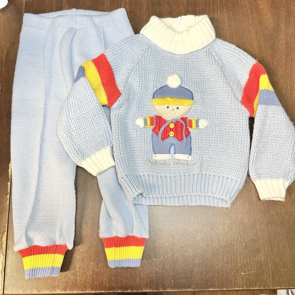 Vintage Baby Boys Knit Sweater Pants Set Doll Applique Blue 18 Months 2‎ Pc